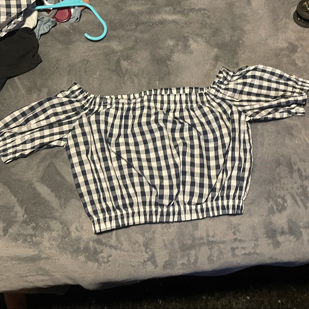 Gingham print navy and white strapless top.